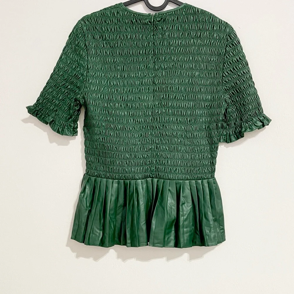 NWT! ZARA Green Smocked Peplum Short Sleeve Top!